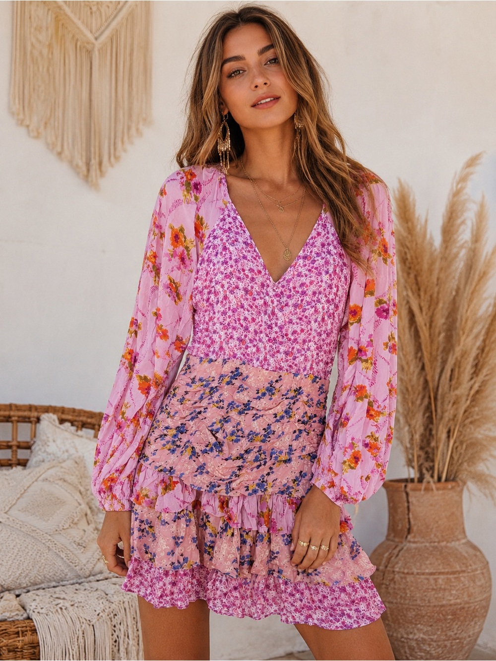 🌺 For Love Bell Floral Boho Patchwork Mini Dress